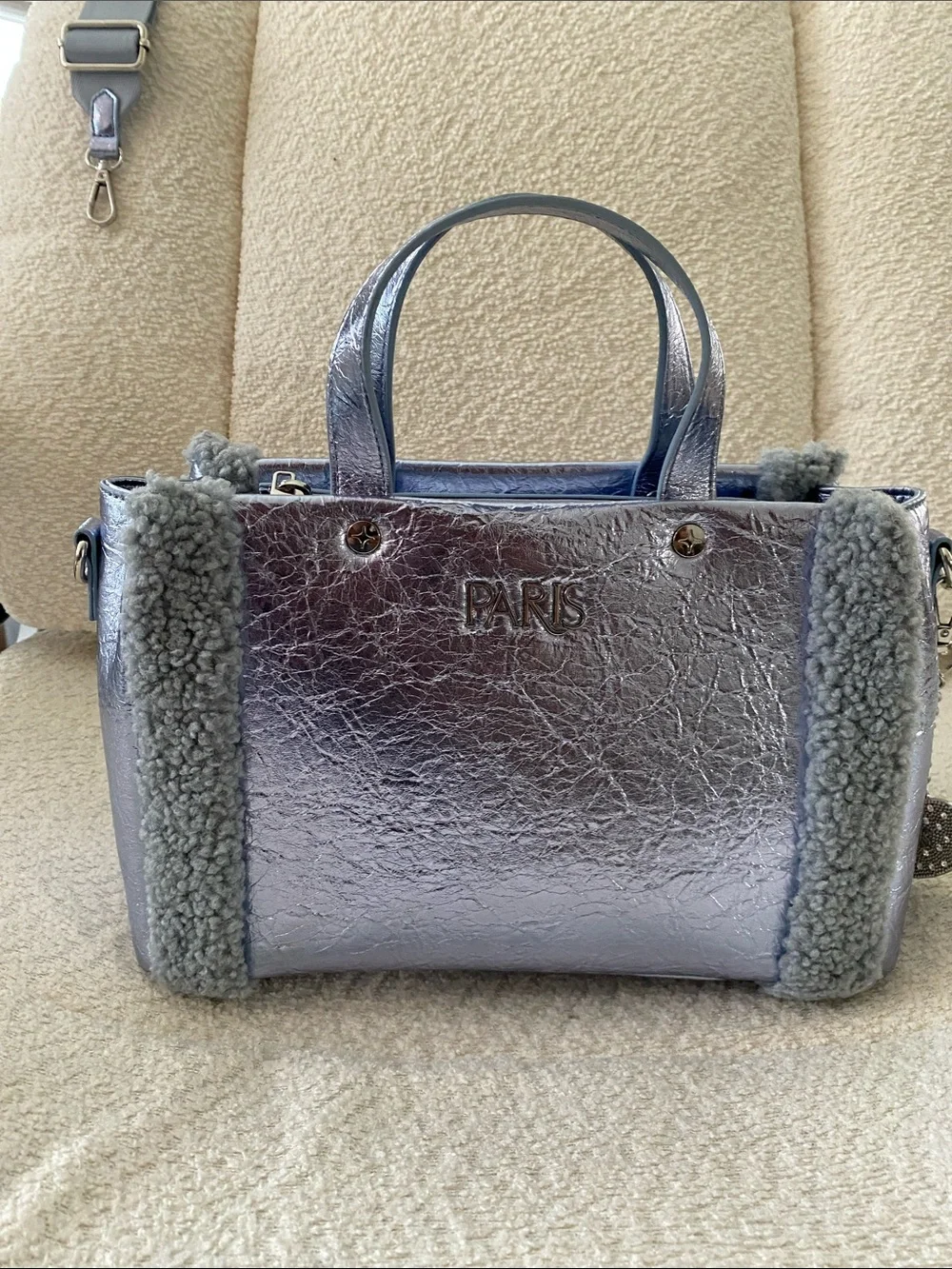 Paris Hilton Ice Blue Mini Tote with Shimmering Metallic Finish w/ Crossbody
